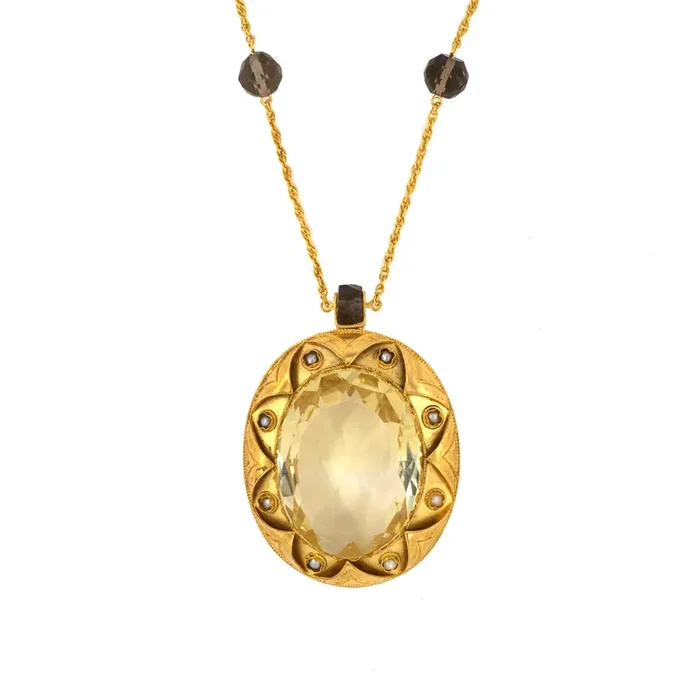 Victorian Citrine, Pearl & Smokey Quartz Pendant Necklace