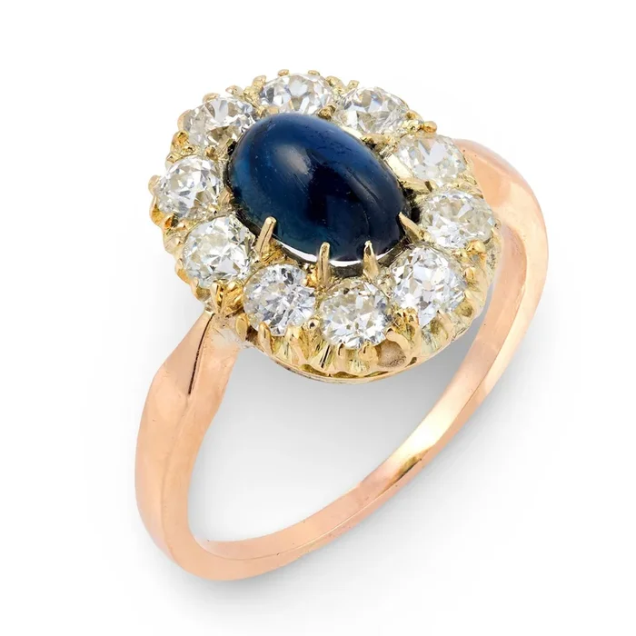 Victorian GIA no heat sapphire old mine cut diamond 14k rose gold cluster ring