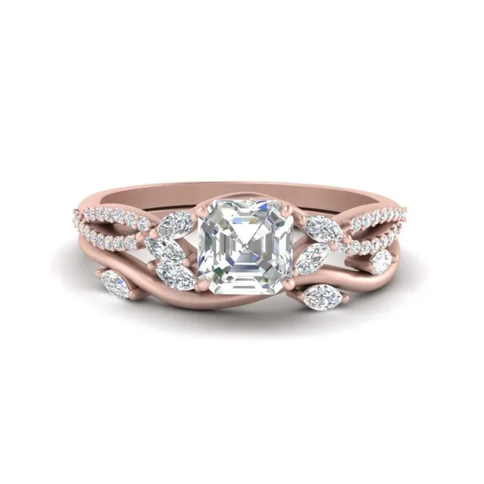 Vine Accented Asscher Diamond Ring Set