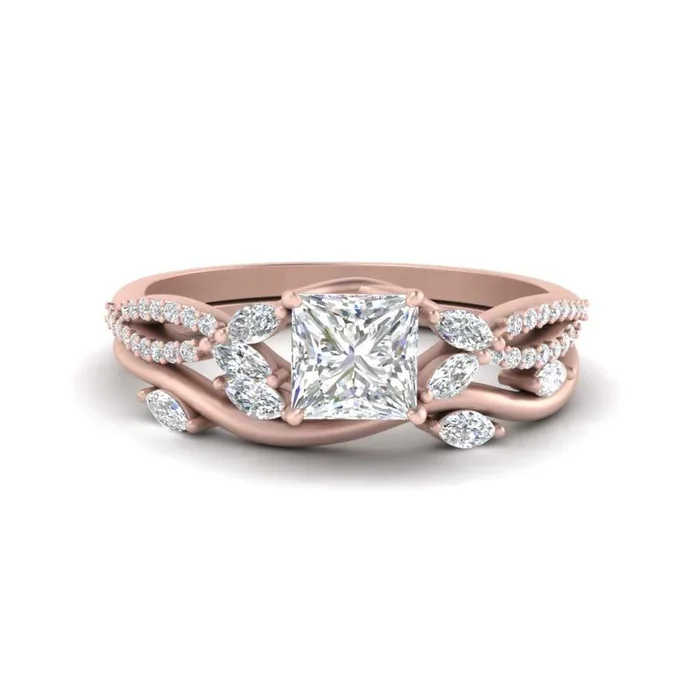 Vine Accented Princess Diamond Ring Set