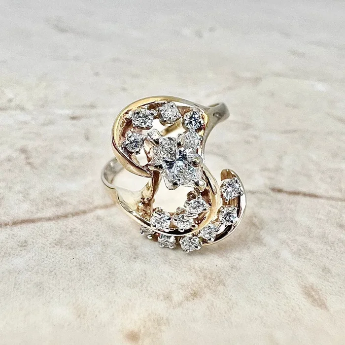 Vintage 14 Karat Yellow Gold 0.60 Carat Marquise Diamond Cocktail Ring