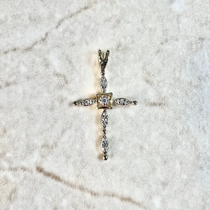 Vintage 14 Karat Yellow Gold Diamond Cross Pendant