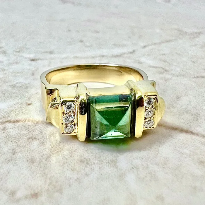Vintage 14 Karat Yellow Gold Green Tourmaline & Diamond Cocktail Ring