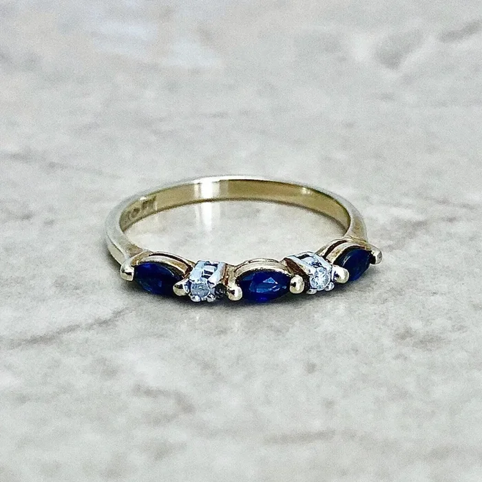 Vintage 14 Karat Yellow Gold Natural Marquise Sapphire & Diamond Band Ring