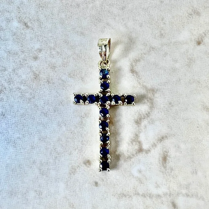 Vintage 14 Karat Yellow Gold Sapphire Cross Pendant