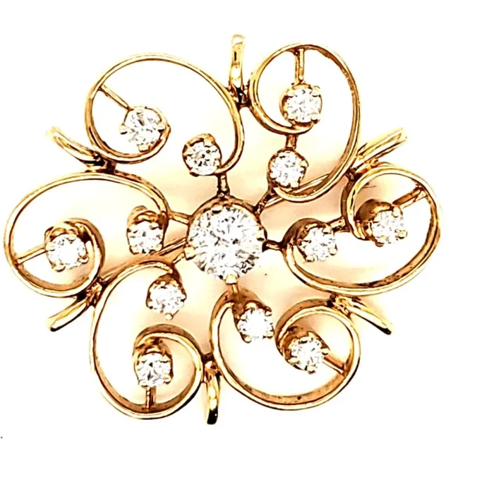 Vintage 14Kt Gold And Diamond Star Burst Brooch Pendant