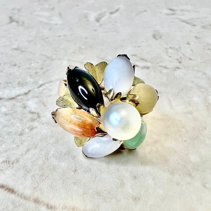 Vintage 18 Karat Yellow & Rose Gold Multicolor Jadeite And Pearl Flower Ring