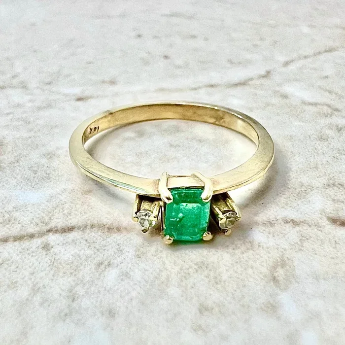 Vintage 18 Karat Yellow Gold Natural Emerald & Diamond Three-Stone Ring