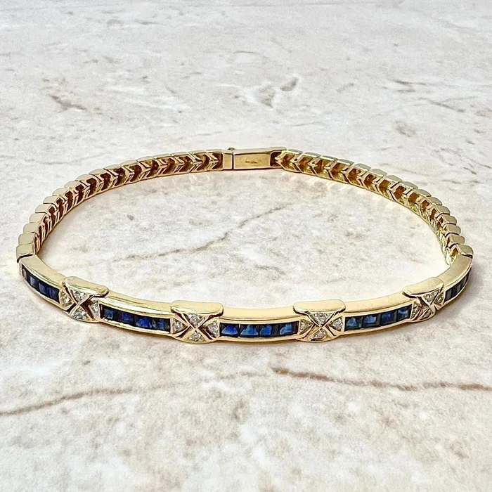 Vintage 18 Karat Yellow Gold Sapphire & Diamond Line Bracelet