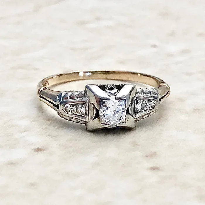Vintage Art Deco 14 Karat Two-Tone Gold Carat Diamond Engagement Ring