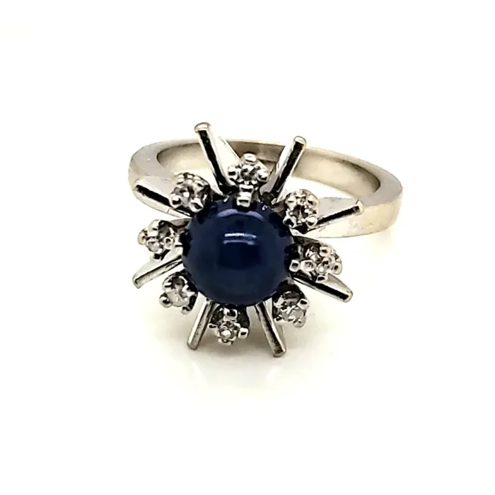 Vintage Mid-Century 14kt White Gold Linde Star Sapphire and Diamond Ring