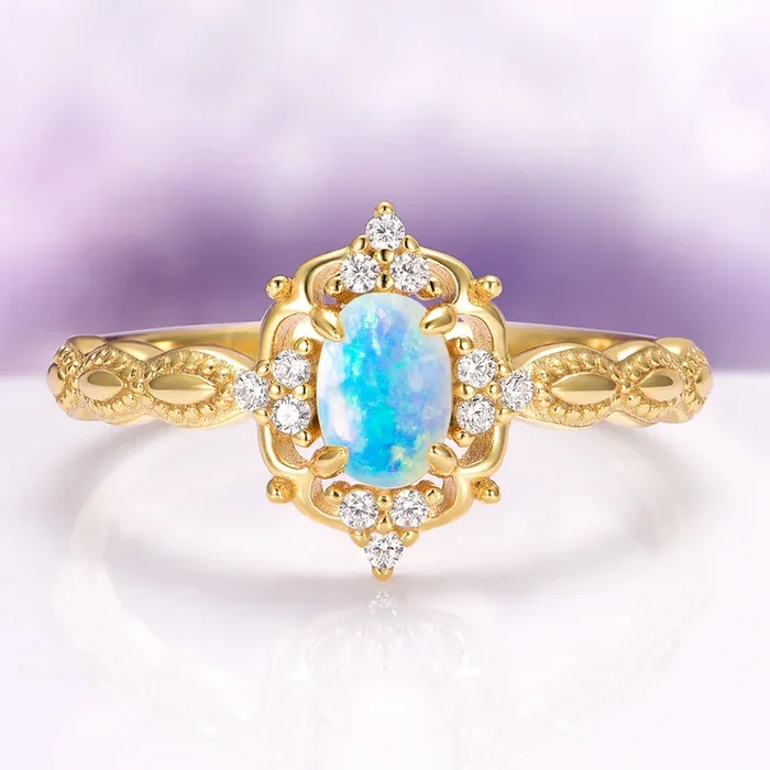 Vintage Natural Australian Opal Engagement Ring in 14K Solid Yellow Gold