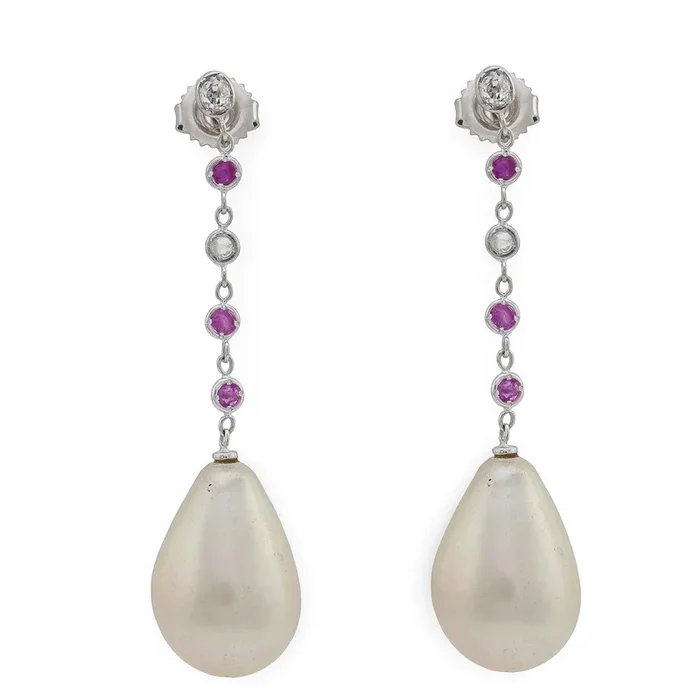 Vintage pearl ruby diamond 18k white gold drop earrings