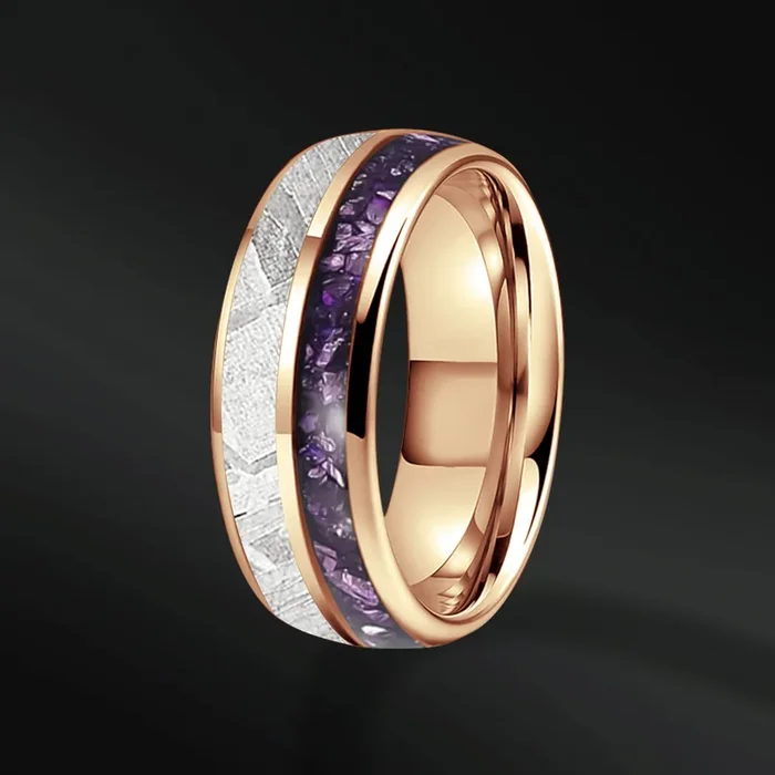 Violet Bliss – Men’s Wedding Band | Muonionalusta Meteorite and Amethyst Wedding Ring | Stainless Steel & 14k rose gold plating