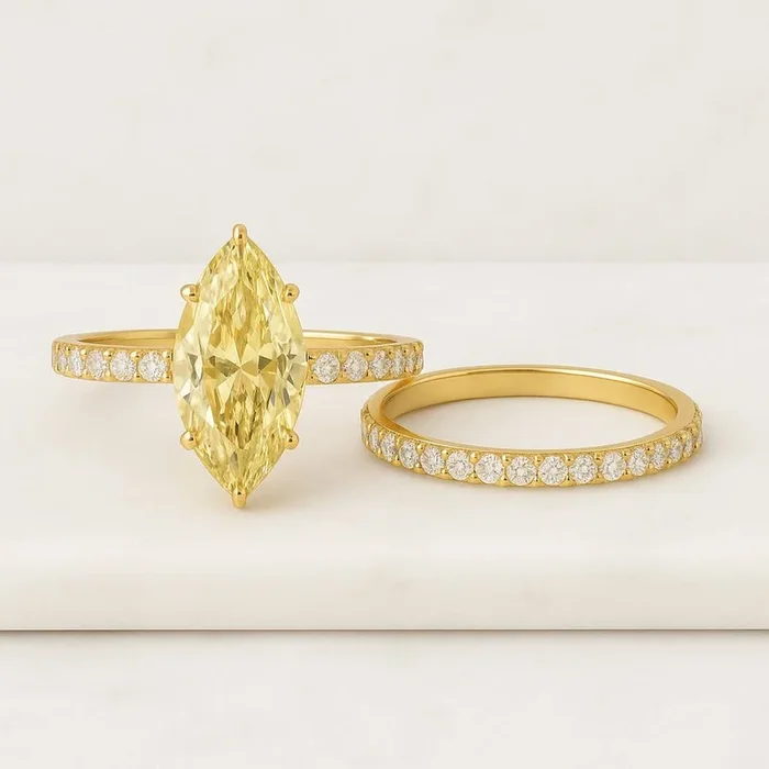 Vivid Yellow Marquise Diamond Engagement Ring and Wedding Band