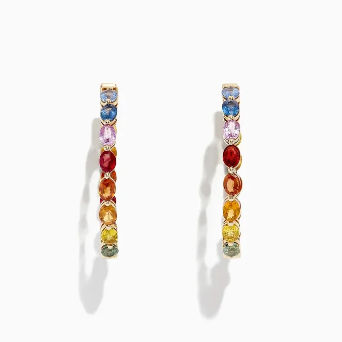 Watercolors 14K Yellow Gold Multi Sapphire 1″ Hoop Earrings, 6.18 TCW
