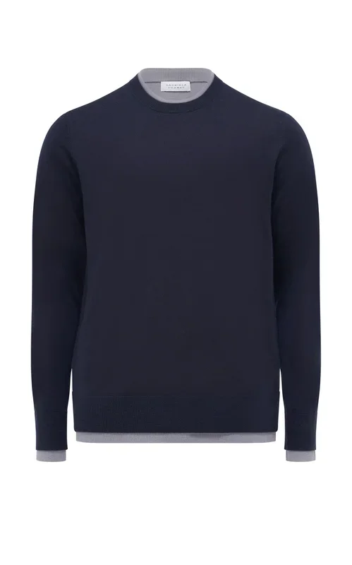 Wells Reversible Knit Sweater in Dark Navy & Heather Grey Cashmere Silk