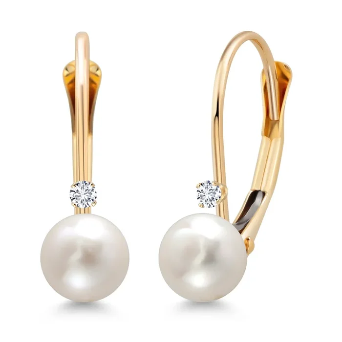 White Cultured Freshwater Pearl and Gemstone Birthstone Leverback Earrings for Women in 14K Yellow Gold | Pearl: 5.5MM and 1.5MM Round Accent | Drop Dangle Fine Jewelry for Her Mom Wife