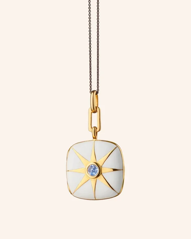 White Enamel Vermeil Cushion Locket with Blue Sapphire