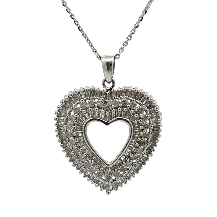 White Gold 1TCW Open Heart Baguette & Round Diamond Necklace