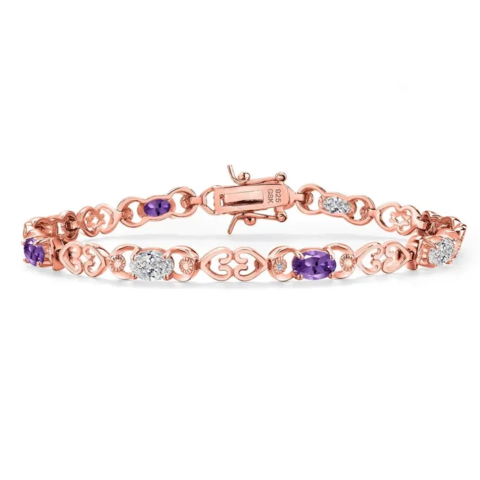 White Lab Grown Diamond and Gemstone Birthstone Heart Link Tennis Bracelet for Women | 18K Rose Gold Plated Silver | Oval 6X4MM | 7.25 Inch Length | Double Locking Fold Over Clasp