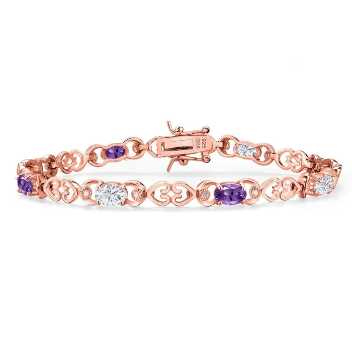 White Moissanite and Gemstone Birthstone Heart Link Tennis Bracelet for Women | 18K Rose Gold Plated Silver | Oval 6X4MM | 7.25 Inch Length | Double Locking Fold Over Clasp | Jewelry for Her Mom Wife