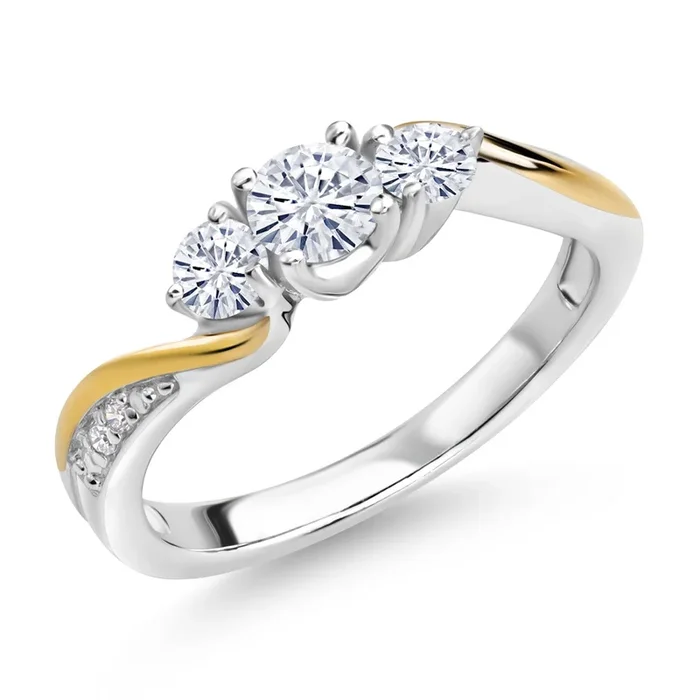 White Moissanite and White Lab Grown Diamond 3-Stone Engagement Ring For Women | 925 Sterling Silver and 10K Yellow Gold | 0.46 Cttw | Available In Size 5, 6, 7, 8, 9