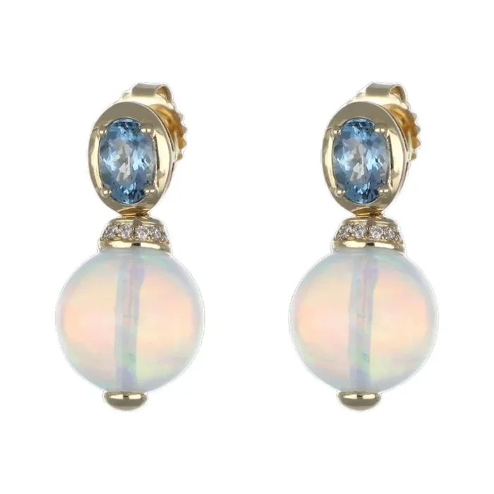 White Opal Earrings (White Opal 11.53 cts. Aquamarine 0.88 cts. White Diamond 0.12 cts.)