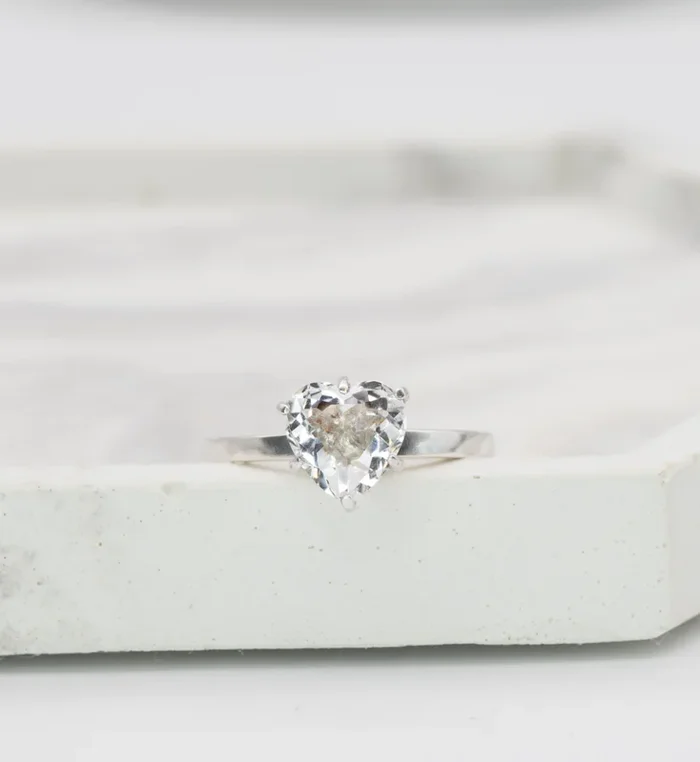 White Topaz Heart Ring, Solitaire Heart Ring, Dainty White Topaz Ring
