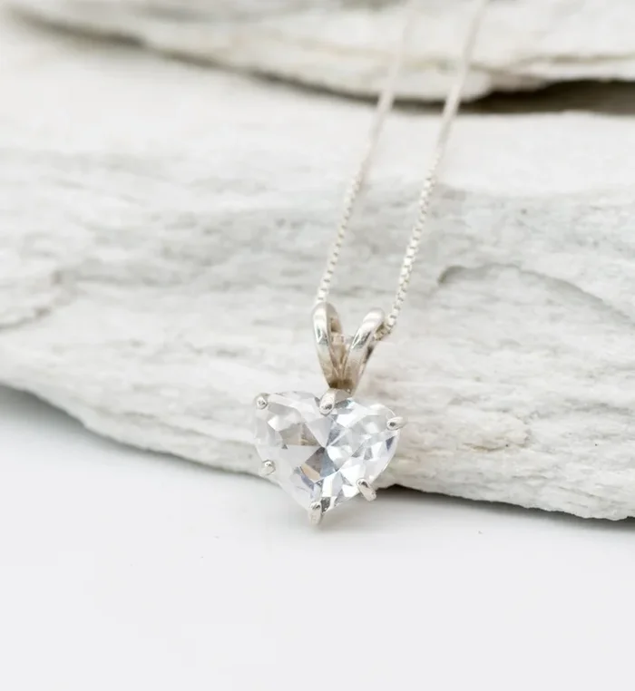 White Topaz Heart Solitaire Pendant in Silver