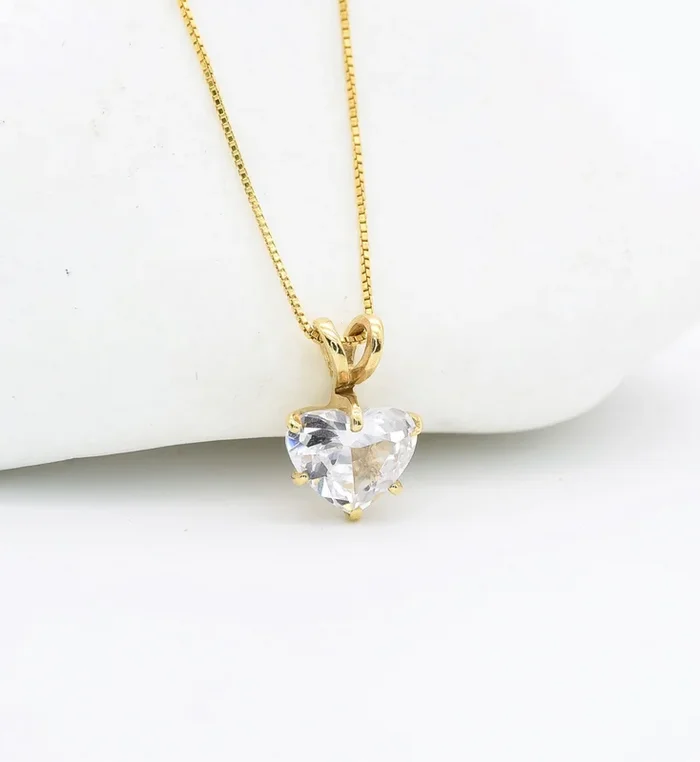 White Topaz Solitaire Heart Pendant in Gold