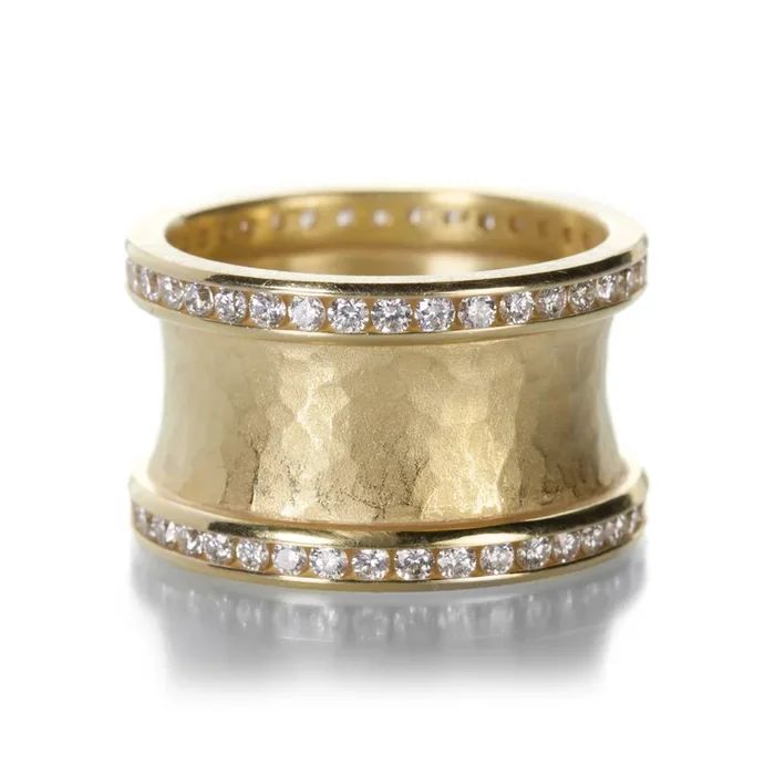 Wide Hammered Ring with Diamond Rims