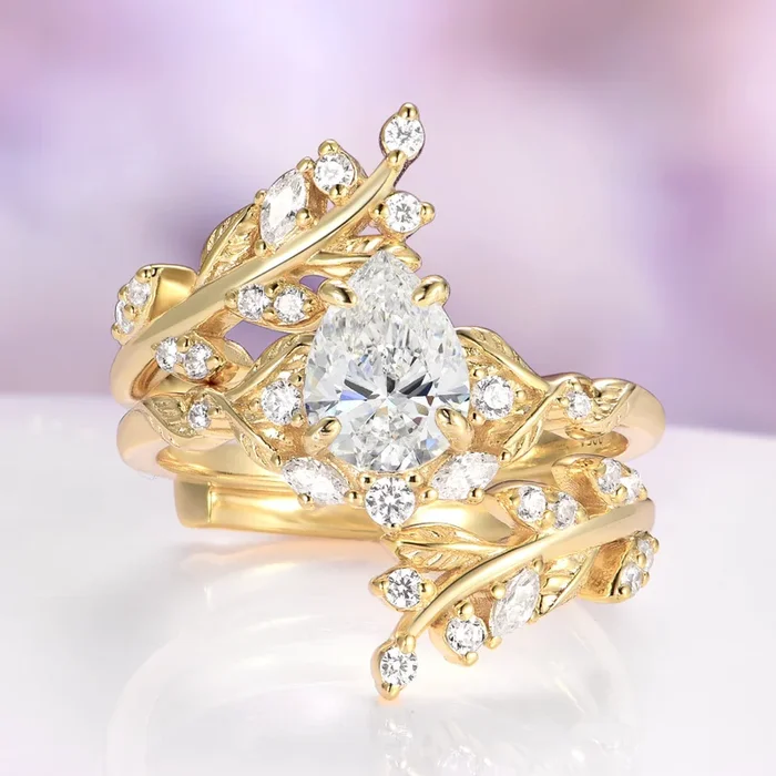 Wisteria Leaf Moissanite Engagement Ring Set in Solid 14K Yellow Gold