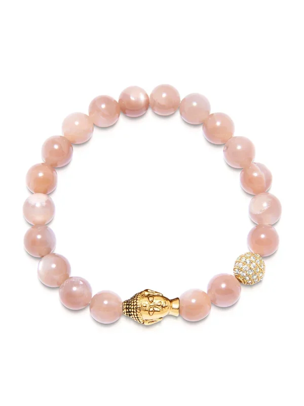 Women’s Beaded Bracelet with Pink Moonstone and Gold Buddha