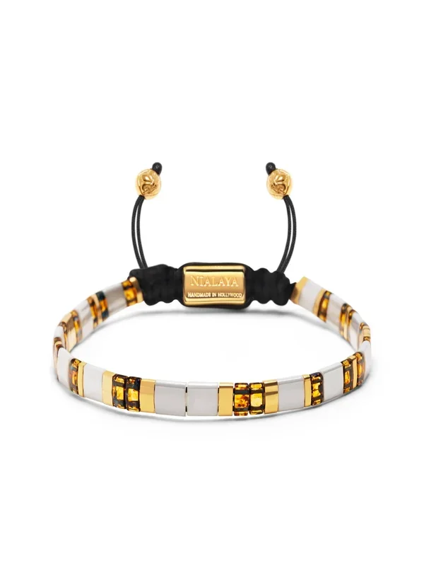 Women’s Bracelet with White, Marbled Amber and Gold Miyuki Tila Beads