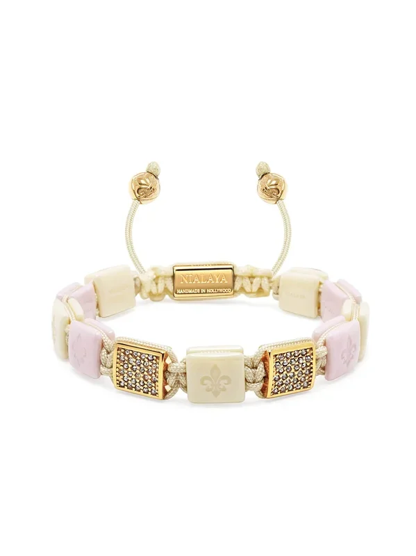 Women’s Cream & Soft Pink Ceramic Flatbead Bracelet with Gold CZ