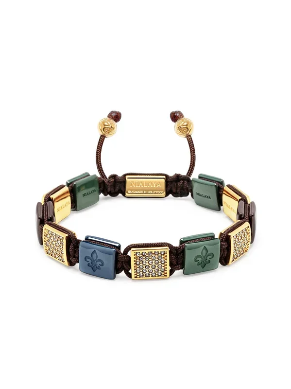 Women’s Dark Green, Dark Blue & Burgundy Ceramic Flatbead Bracelet with Gold CZ