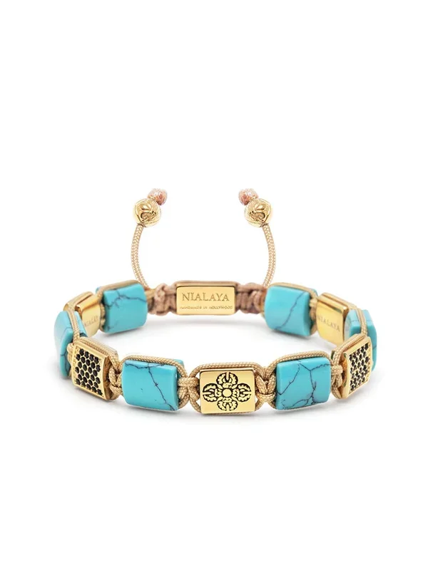 Women’s Turquoise Flatbead Bracelet with Gold Dorje and Black CZ Diamonds