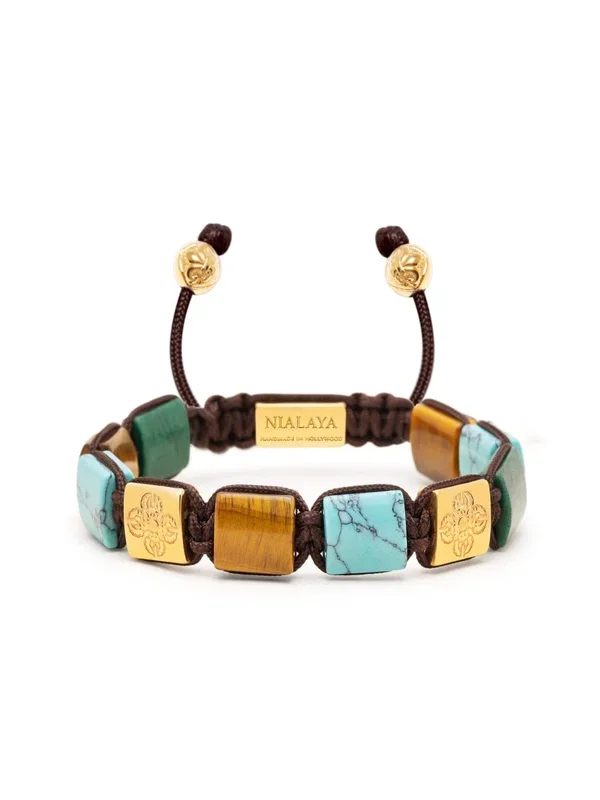 Women’s Turquoise, Green Jade, and Brown Tiger Eye Flatbead Bracelet with Gold Plated Dorje
