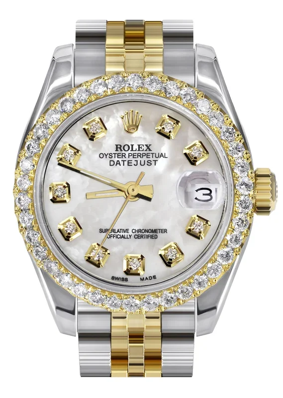 Womens Diamond Gold Hidden Clasp Rolex Watch | 1 Carat Bezel | 26Mm | Mother of Pearl Dial | Jubilee Band | Model 179173