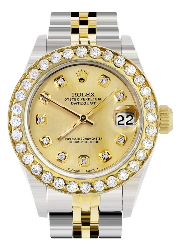 Womens Diamond Gold Rolex Watch | 1 Carat Bezel | 26Mm | Gold Dial | Jubilee Band