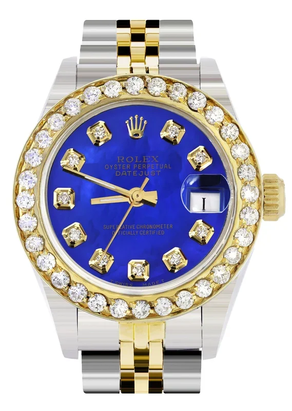 Womens Diamond Gold Rolex Watch | 1 Carat Bezel | 26Mm | Royal Blue Pearl Dial | Jubilee Band