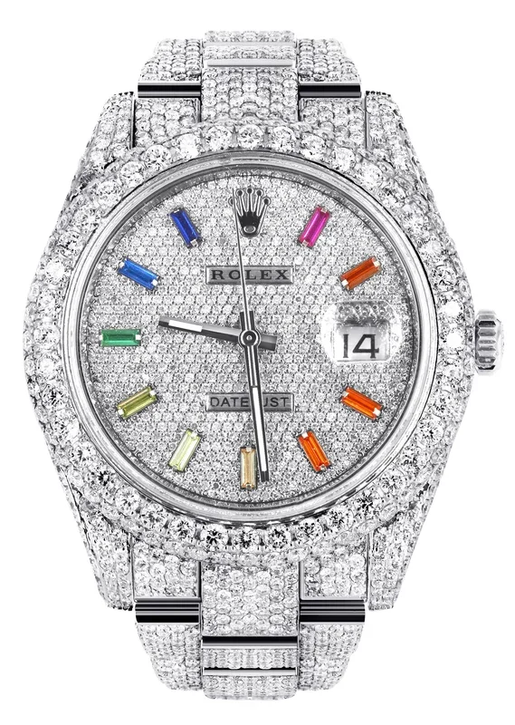 Womens Diamond Iced Out Rolex Datejust 41 | 25 Carats Of Diamonds | Custom Color Baguettes Dial | Two Row | Oyster Band