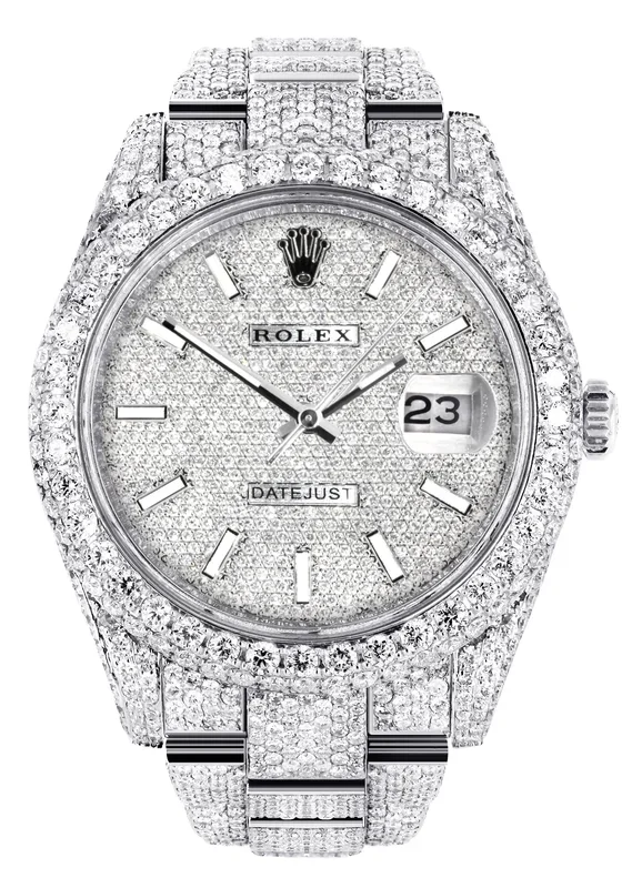 Womens Diamond Iced Out Rolex Datejust 41 | 25 Carats Of Diamonds | Custom Diamond Dial | Two Row | Oyster Band