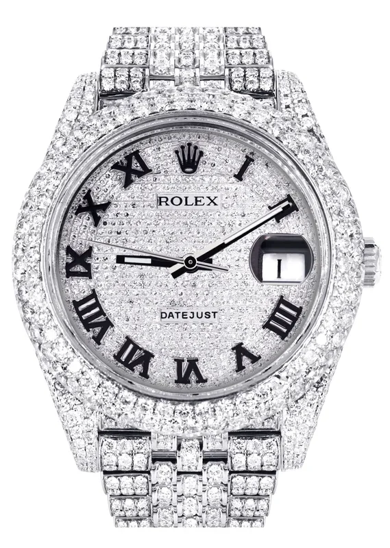 Womens Diamond Iced Out Rolex Datejust 41 | 25 Carats Of Diamonds | Custom Roman Numeral Diamond Dial | Two Row | Jubilee Band