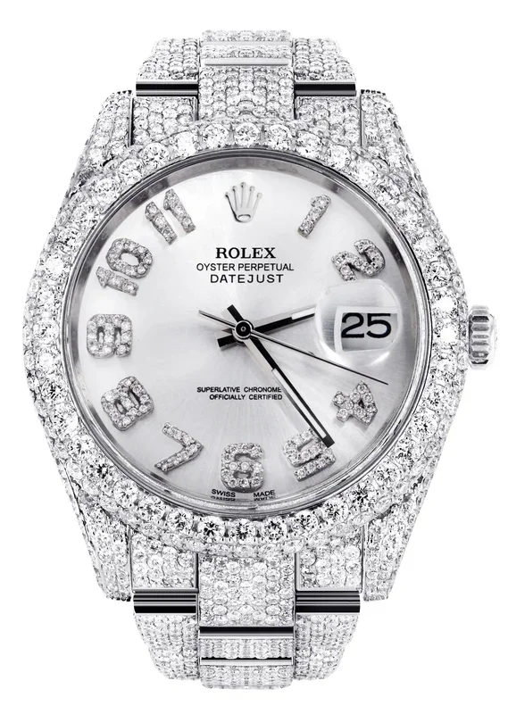 Womens Diamond Iced Out Rolex Datejust 41 | 25 Carats Of Diamonds | Custom Silver Diamond Dial | Two Row | Oyster Band