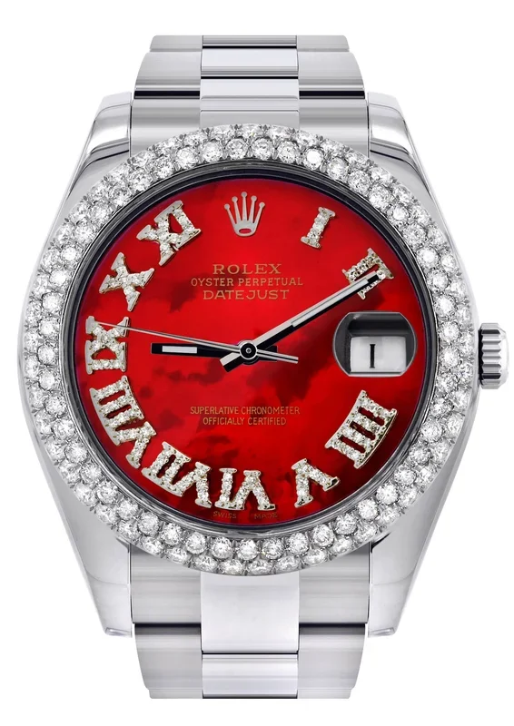 Womens Rolex Datejust II Watch | 41 MM | Red Pearl Roman Numeral Dial | Two Row | Oyster Band