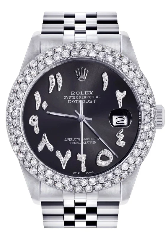 Womens Rolex Datejust Watch 16200 | 36Mm | Diamond Black Arabic Numeral Dial | Two Row 4.25 Carat Bezel | Jubilee Band