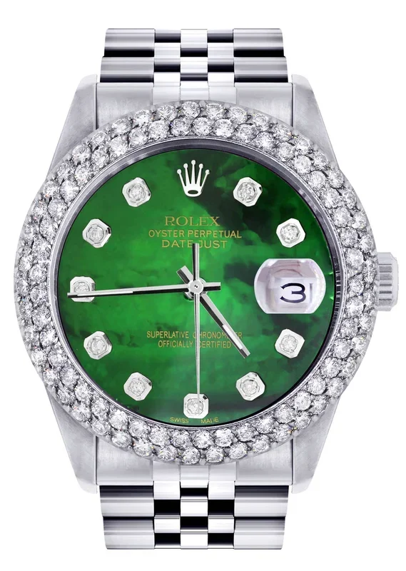 Womens Rolex Datejust Watch 16200 | 36Mm | Green Mother of Pearl Dial | Two Row 4.25 Carat Bezel | Jubilee Band