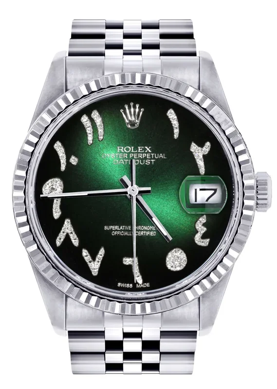 Womens Rolex Datejust Watch 16200 | Fluted Bezel | 36Mm | Green Black Arabic Dial | Fluted Bezel | Jubilee Band
